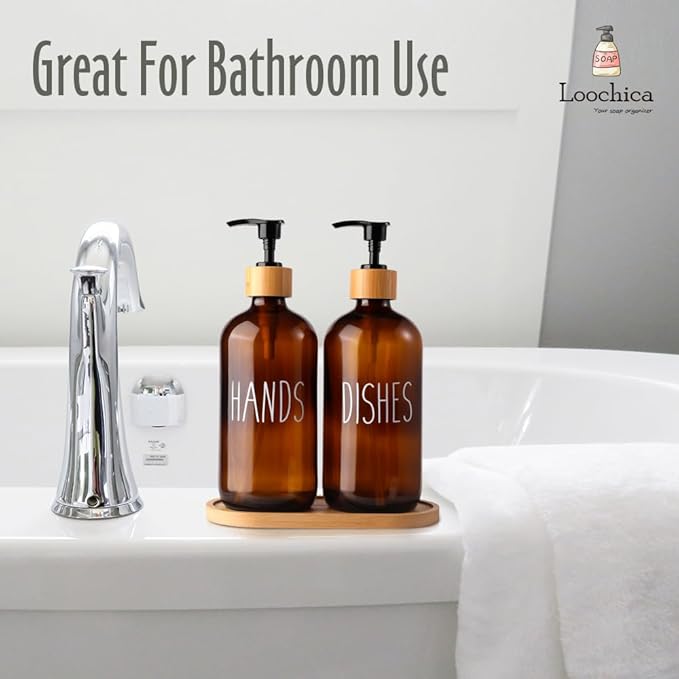 Amber Glass Soap Dispenser Set with Tray, Amber Dish and Hand Soap Dispenser Set, Refillable Reusable Apothecary Soap Pump Dispenser Bottles for Bathroom and Kitchen