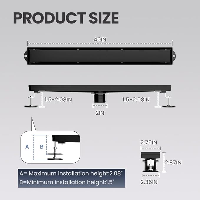 Linear Shower Drain 40 Inch Black, Brushed AISI 304 Stainless Steel Shower Drain with 2-in-1 Tile Insert Panel, for Bathroom, Kitchen, Garage & More