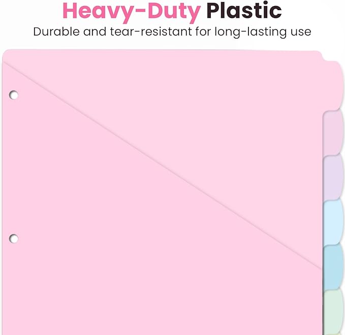 Sooez 8-Tab Binder Dividers with Two Pockets, 8 Tabs Dividers for 3 Ring Binder Organizers, 3-Hole Plastic Sheets Protectors for US Letter Size, School, College, Office Supplies, Pastels, Set of 1