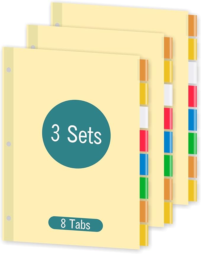 8-Tab Binder Dividers for 3 Ring Binder, Insertable Multicolor Big Tabs, Letter Size Paper Divider, 8.5 x 11 inch, 3 Sets (24 Dividers Total)