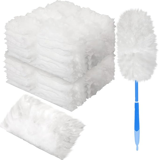 Vesici 100 Pcs Duster Refills Compatible with Swiffer Dusters Bulk Disposable Replacement Thickened with 1 Handle Heavy Duty for Cleaning, Office (White)