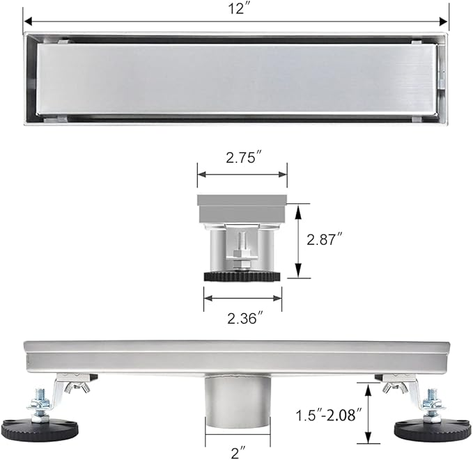 Linear Shower Drain, 12 inch Drain with Tile Insert 2-in-1 Panel, Brushed 304 Stainless Steel Shower Floor Drain, Linear Drain with Hair Strainer and Adjustable Feet