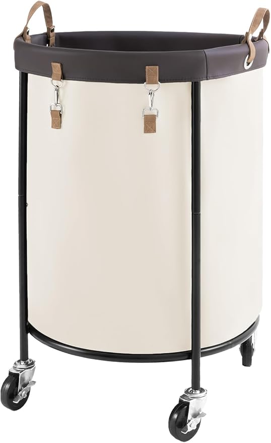 StorageWorks 170L Rolling Laundry Basket, Clothes Hamper with Wheels, Round Clothing Cart with Steel Frame and Removable Bag, 4 Casters and 2 Brakes, Beige, 1-Pack