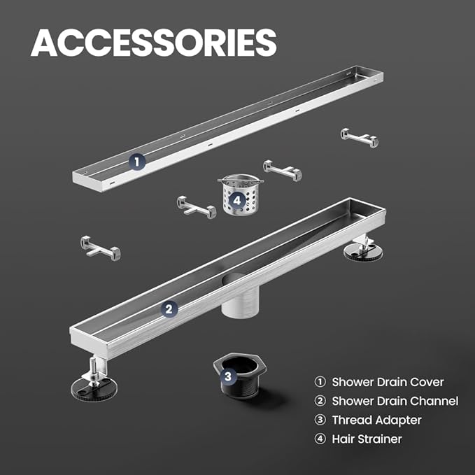 Linear Shower Drain 60 Inch With 2-in-1 Tile Insert Panel, Brushed AISI 304 Stainless Steel for Fast Drainage, Floor Drain for Bathroom, Kitchen, Garage & More
