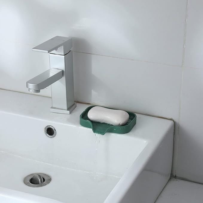 Silicone Bathroom Soap Dishes with Drain Spout-Bathroom and Kitchen Sink Organizer,Sponge Holder,Dish Soap Tray,Perfect for Dispenser,Scrubber,Bottle,Cup on Sink or Counter-Green 4.9"×3.2"