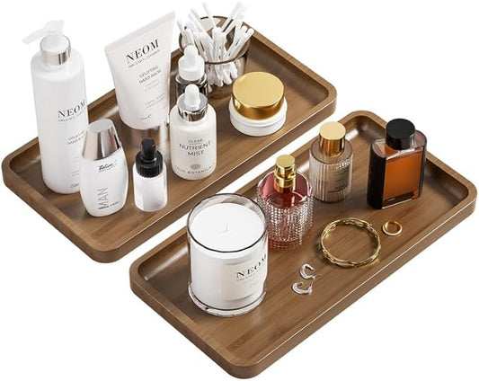 Weenson Bathroom Vanity Tray for Countertop Makeup Jewelry Perfume Decor Candle, Bamboo Kitchen Tray for Soap Dispenser Spice Salt Oil, Brwon Tray for Toilet Tank Coffee Nightstand Set of 2