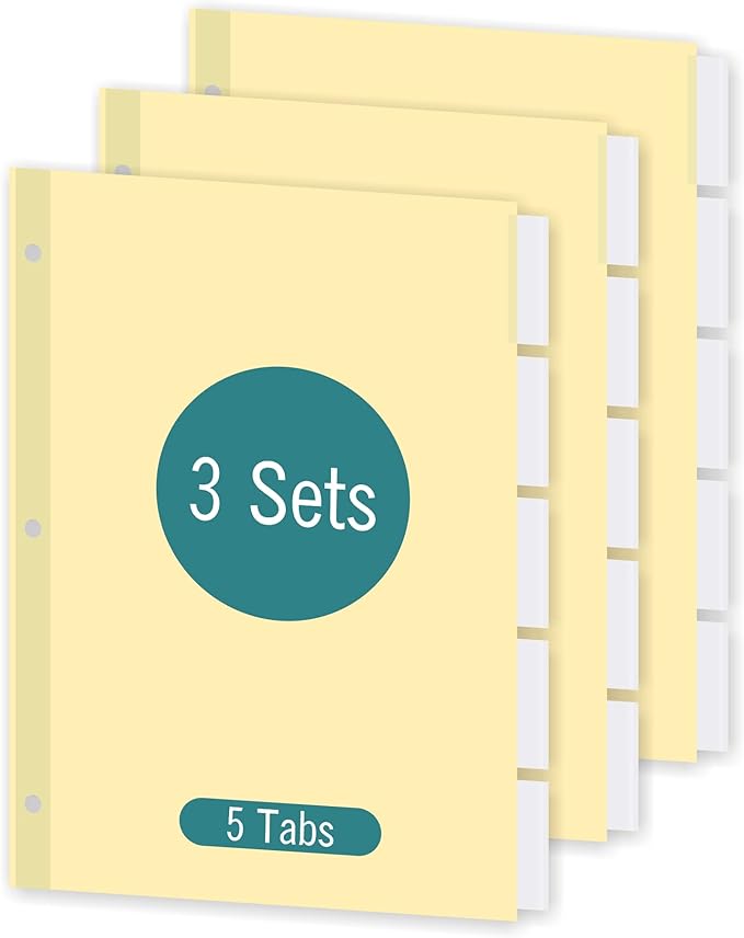 5-Tab Binder Dividers for 3 Ring Binder, Insertable Clear Big Tabs, Letter Size Paper Divider, 8.5 x 11 inch, 3 Sets (15 Dividers Total)