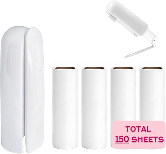 Mini Lint Roller with 150 Sheets, Travel Size Portable Lint Roller Compact Pet Hair Remover with 5 Refills, Sticky Dust Fuzz Fur for Travel Household (White)