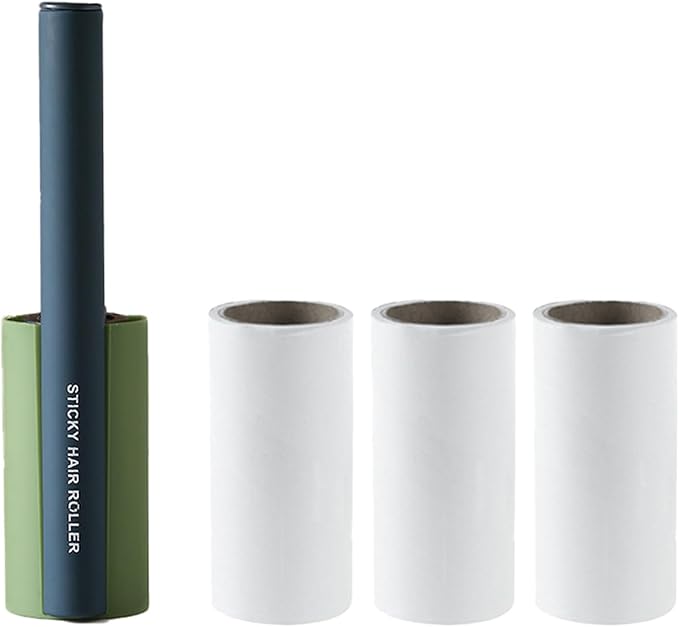 Sticky Lint & Pet Hair Remover Roller - 4 Adhesive Sheets Included (3 Refills) for Clothes, Furniture & Cars | Anti-Slip Handle, Dust-Proof Cover (Green)