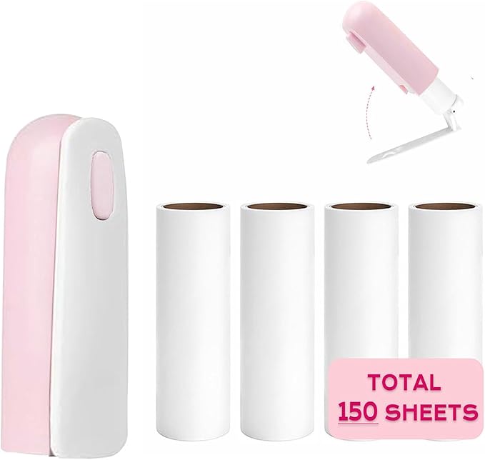 Mini Lint Roller with 150 Sheets, Travel Size Portable Lint Roller Compact Pet Hair Remover with 5 Refills, Sticky Small Lint Remover for Pocket Travel Essentials for Clothes (Pink)