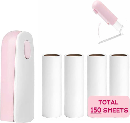 Mini Lint Roller with 150 Sheets, Travel Size Portable Lint Roller Compact Pet Hair Remover with 5 Refills, Sticky Small Lint Remover for Pocket Travel Essentials for Clothes (Pink)