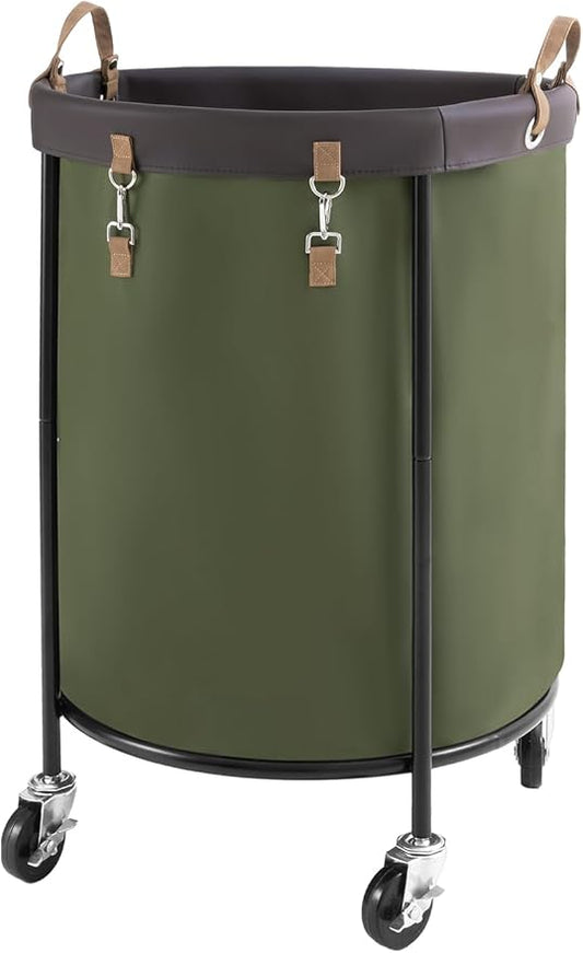 StorageWorks 170L Rolling Laundry Basket, Clothes Hamper with Wheels, Round Clothing Cart with Steel Frame and Removable Bag, 4 Casters and 2 Brakes, Green, 1-Pack