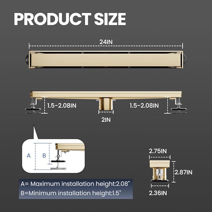 Linear Shower Drain 24 Inch Gold, Shower Drain with 2-in-1 Tile Insert Panel, Brushed AISI 304 Stainless Steel Linear Drain for Fast Drainage, Floor Drain for Bathroom, Kitchen, Garage & More