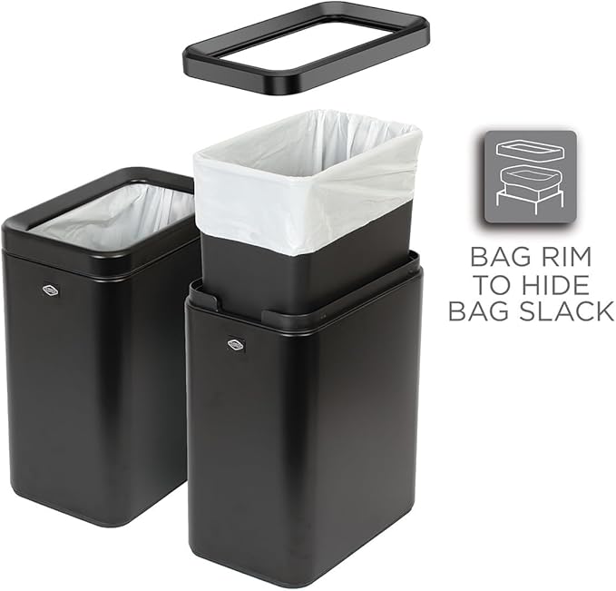 Clorox Slim Open Trash Can - 2.6 Gallon (10 Liter) Small Metal Waste Basket with Removable Bucket for Narrow Spaces - Stainless Steel Garbage Bin for Bathroom, Bedroom, or Office, Black