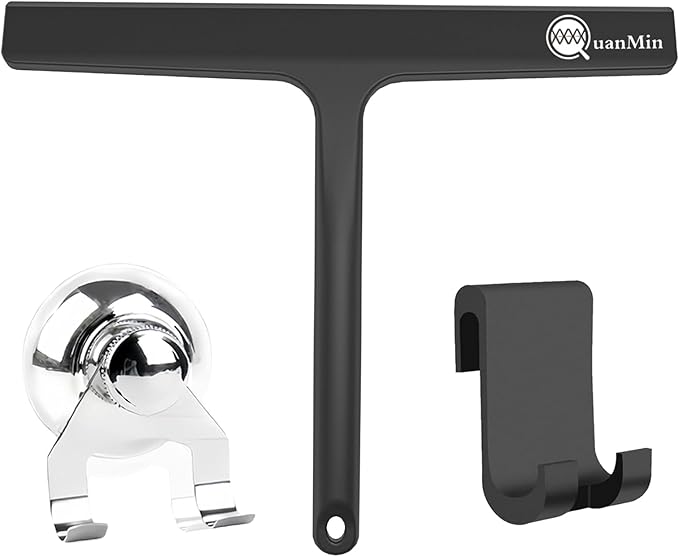 9 Inch Shower Squeegee with Hook - Heavy Duty Glass Door Scraper for Streak-Free Cleaning, Tile Walls, Shower Glass & Car Windows - Rustproof Rubber Blade & Secure Storage (Black)