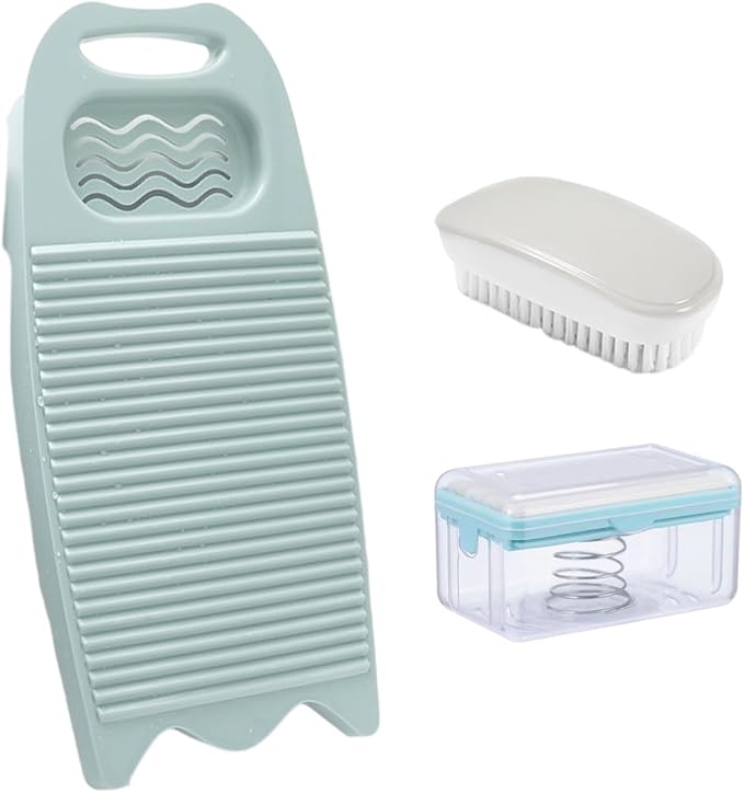 Wash Board, Washboard for Hand Washing Clothes, Plastics Laundry Scrub Board Household With Holder Portable (D-light blue+multifunctional soap dish+soft bristle brush)