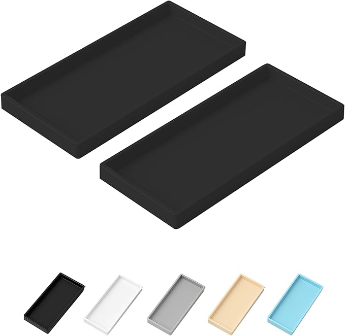 Vanity and Bathroom Tray, 9.8" ABS Countertop Organizer,Waterproof Vanity Tray for Toilet Tank,Perfume,Soap,Keys,Bathroom Accessories,Kitchen and Bath Trays,Non Slip Small Trays,Black,2 Pack