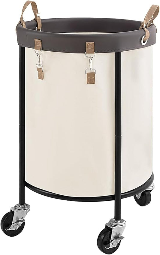 StorageWorks 110L Rolling Laundry Basket, Clothes Hamper with Wheels, Round Clothing Cart with Steel Frame and Removable Bag, 4 Casters and 2 Brakes, Beige, 1-Pack