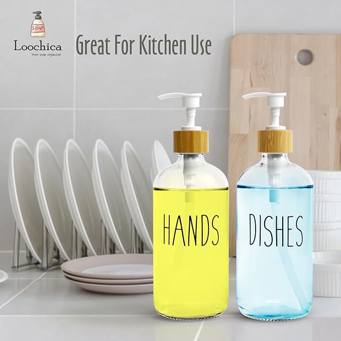 2 Pack Clear Glass Soap Dispenser with Plastic Pump, Transparent Dish and Hand Soap Dispenser Set, Refillable Reusable Apothecary Soap Pump Dispenser Bottles for Bathroom and Kitchen