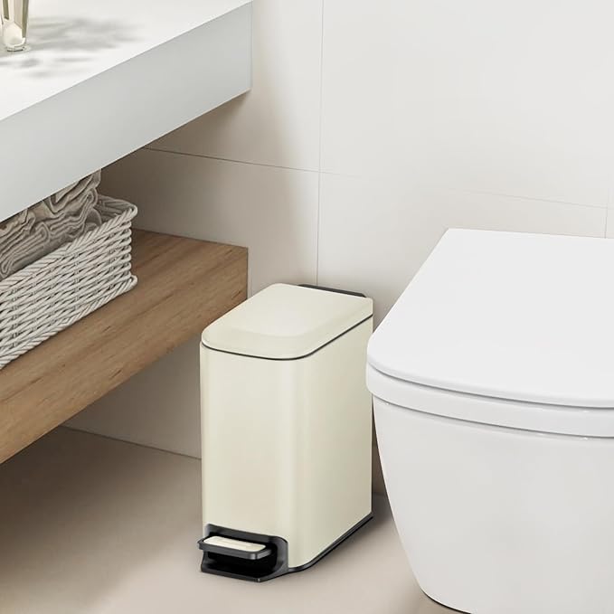 Cesun Small Bathroom Trash Can with Lid Soft Close, Step Pedal, 6 Liter / 1.6 Gallon Stainless Steel Garbage Can with Removable Inner Bucket, Anti-Fingerprint Finish (Creamy White)