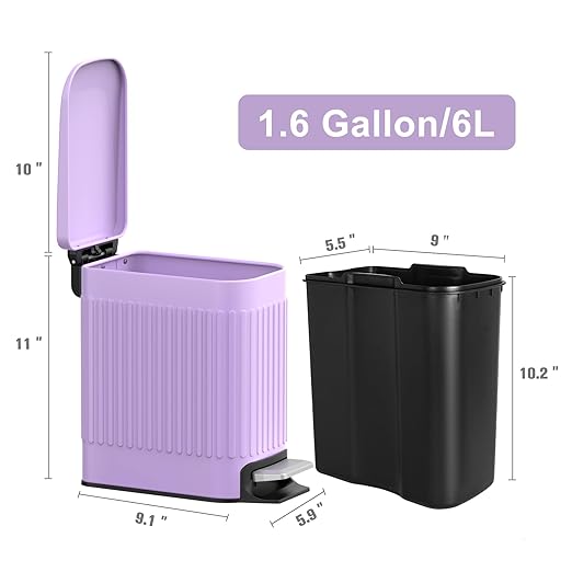TrashAid Slim Bathroom Trash Can with Lid Soft Close, 6 Liter/1.6 Gallon Stainless Steel Small Garbage Can with Removable Inner Bucket, Step Pedal, Slim Wastebasket for Toilet, Office, Bedroom, Purple