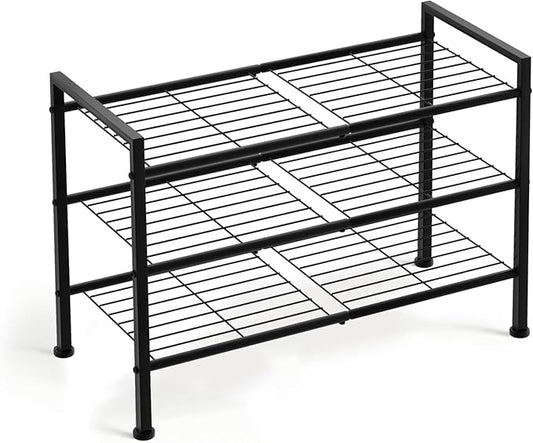 3 Tier Shoe Rack for Closet,Adjustable Metal Shoe Storage Organizer Utility Shelf for Entryway, Dorm Room,Bedroom,Heavy Duty Shelf (Black, 3 Tier)