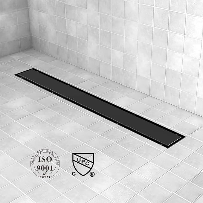 Linear Shower Drain, 32 inch Black Drain with Tile Insert 2-in-1 Panel, Brushed 304 Stainless Steel Shower Floor Drain, Linear Drain with Hair Strainer and Adjustable Feet