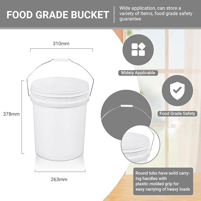 3 Pack 5 Gallon Plastic Buckets with Metal Handle, Food Grade Bucket for Food Storage, Pet Dog/Cat Food Container, Water Bucket, Cleaning Bucket for Home, Garage & Outdoor Use （Without Lid）