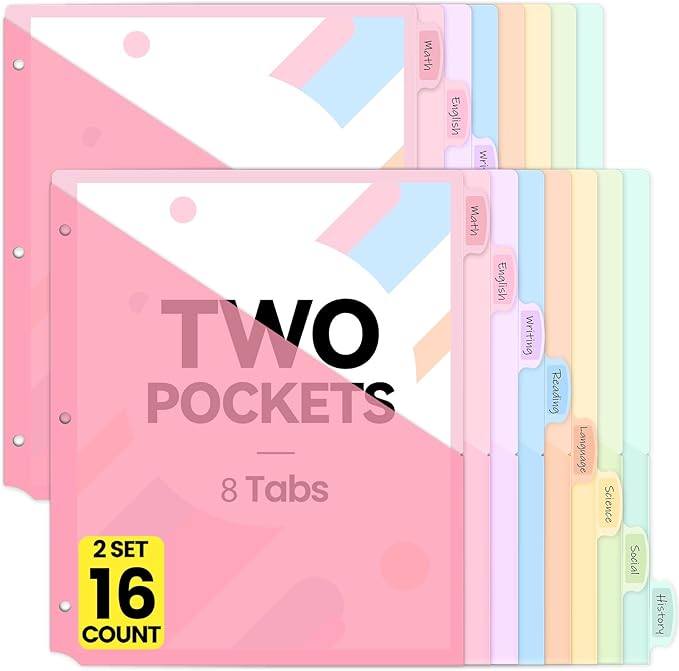 Sooez 16 Count Dividers with 2 Pockets, 8 Tabs Binder Dividers for 3 Ring Binders, Binder Dividers with tabs, Binder Divider with Pockets for US Letter Size, Insertable Big Tabs, Pastels, 2 Sets