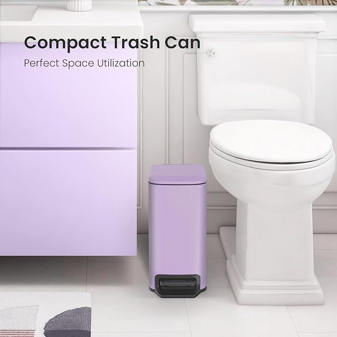 Cesun Small Bathroom Trash Can with Lid Soft Close, Step Pedal, 6 Liter / 1.6 Gallon Stainless Steel Garbage Can with Removable Inner Bucket, Anti-Fingerprint Finish (Purple)