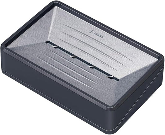 Soap Dish Tray with Drain, Stainless Steel Soap Bar Holder for Bathroom Shower Kitchen Sink, Double Layer Draining Soap Container Box with Suction Cups