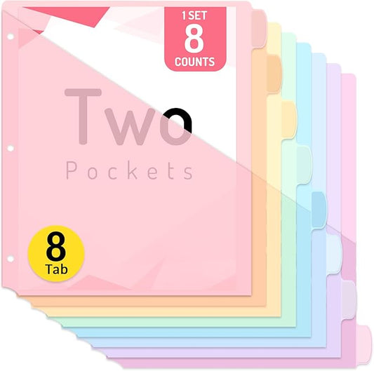 Forvencer 8 Count Dividers with Two Pockets, 8 tab Binder Dividers for 3 Ring Binder Organizer, Binder Divider with Tabs for School Office and Home Organization, Multicolor, 1 Set