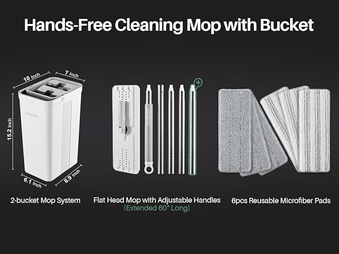 JOYMOOP Mop and Bucket Set with Wringer, Flat Mops for Floor Cleaning, Wall Mop Cleaner with Long Handle, Hardwood Floor Mop with 6 Microfiber Pads