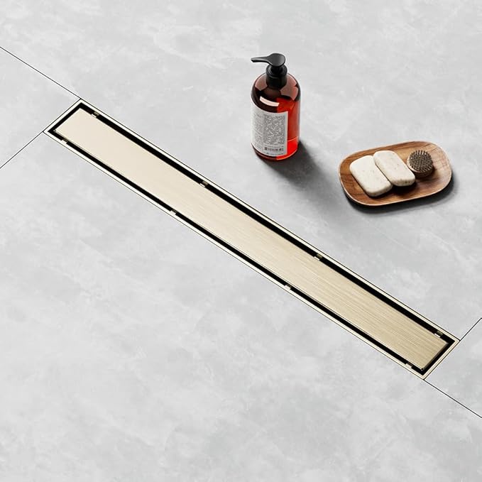 Linear Shower Drain 60 Inch Gold, Shower Drain with 2-in-1 Tile Insert Panel, Brushed AISI 304 Stainless Steel Linear Drain for Fast Drainage, Floor Drain for Bathroom, Kitchen, Garage & More