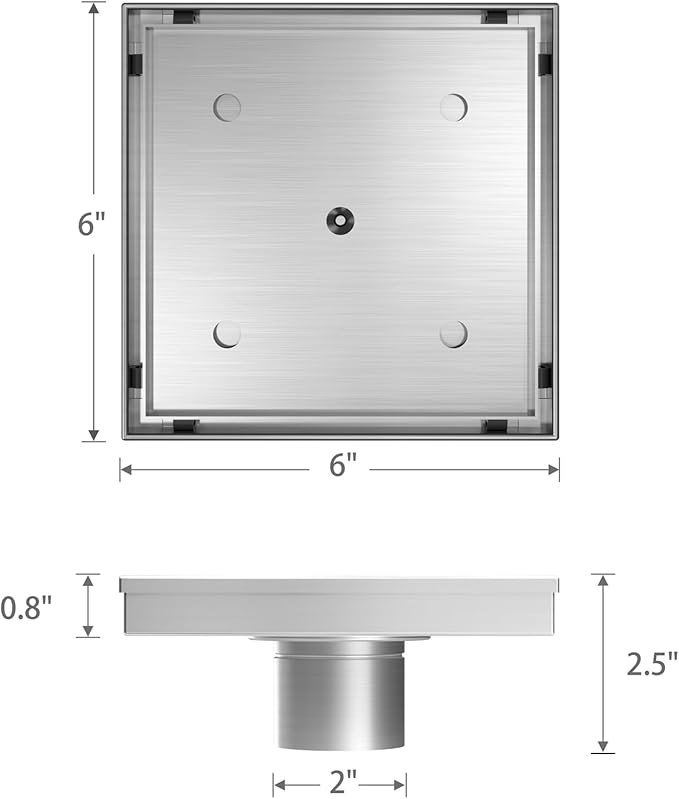 Sharpeye 6 Inch Square Shower Drain with Removable Tile Insert Grate, Brushed 304 Stainless Steel Square Shower Floor Drain, Includes Hair Strainer, CUPC Certified
