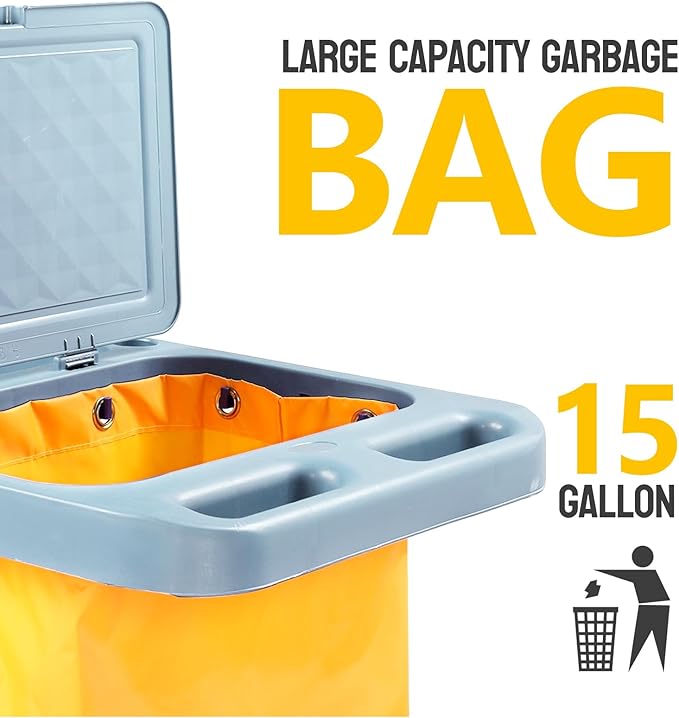 TUFFIOM Commercial Traditional Cleaning Janitorial 3-Shelf Cart, 500 Lbs Capacity Housekeeping Cart, 42.5" L x 18.7" W x 37.6" H, Wheeled with 22 Gallon Yellow Vinyl Bag and Cover w lid, Blue