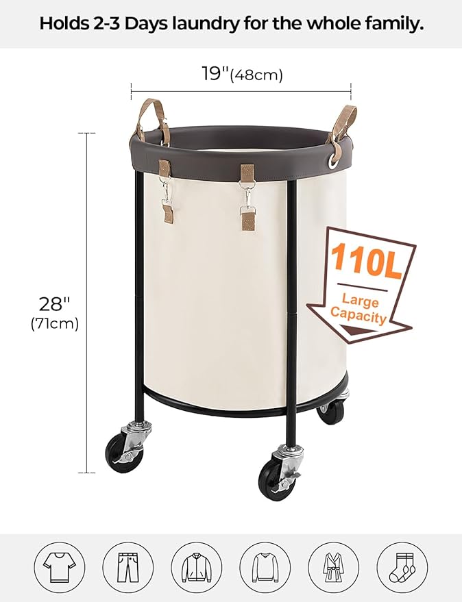 StorageWorks 110L Rolling Laundry Basket, Clothes Hamper with Wheels, Round Clothing Cart with Steel Frame and Removable Bag, 4 Casters and 2 Brakes, Beige, 1-Pack