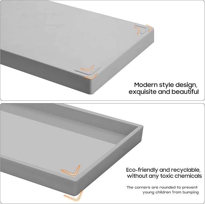 Vanity and Bathroom Tray, 9.8" ABS Countertop Organizer,Waterproof Vanity Tray for Toilet Tank,Perfume,Soap,Keys,Bathroom Accessories,Kitchen and Bath Trays,Non Slip Small Trays,Gray