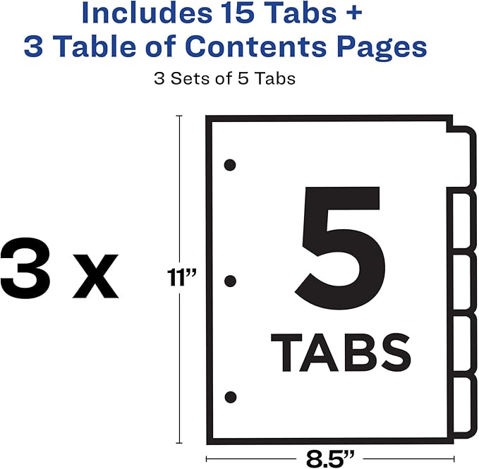 Avery Dividers for 3 Ring Binders, 5 Tabs per Set, Customizable Table of Contents, Multicolor Tabs, Great for Organizing Reports, Projects, and More (3 Sets of 11070)