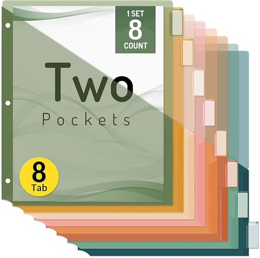Forvencer 8 Count Dividers with Two Pockets, 8 tabs Binder Dividers for 3 Ring Binder Organizer, Multicolor, 1 Set