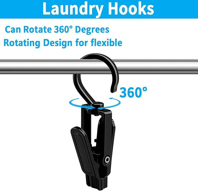 VinBee 20 PCS Laundry Hooks with Clips Super Strong Plastic Home Travel Swivel Hanging Hanger Closet Organizer Clamps Socks Boot Bras Towels for Bathroom Wardrobe Kitchen - 4.3 Inches (Black+White)