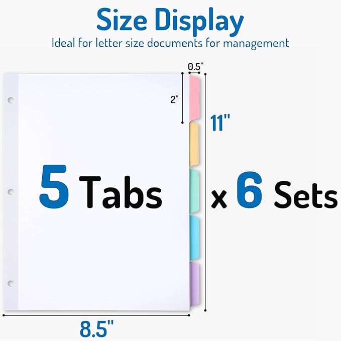 Forvencer Blank Writable Binder Dividers, 1/5 Cut Tabs, 3 Hole Punch Dividers with Reinforced Edge, Binder Dividers with Multicolor Tabs, Letter Size, 6 Sets, 30 Dividers