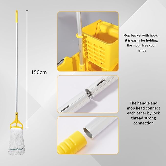 Side Press Wringer Combo Commercial Floor Cleaning Rectangular Mop Bucket on Wheels, 35-Qt, Yellow,Add One Mop and One Mop Head Replacement
