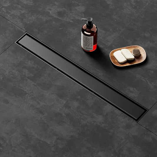 Linear Shower Drain 48 Inch Black, Shower Drain with 2-in-1 Tile Insert Panel, Brushed AISI 304 Stainless Steel Linear Drain for Fast Drainage, Floor Drain for Bathroom, Kitchen, Garage & More