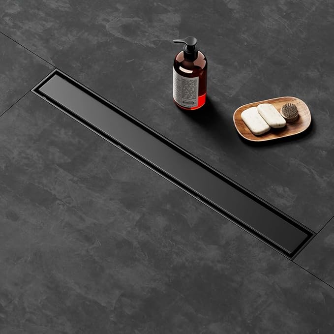 Linear Shower Drain 54 Inch Black, Brushed AISI 304 Stainless Steel Shower Drain with 2-in-1 Tile Insert Panel, for Bathroom, Kitchen, Garage & More