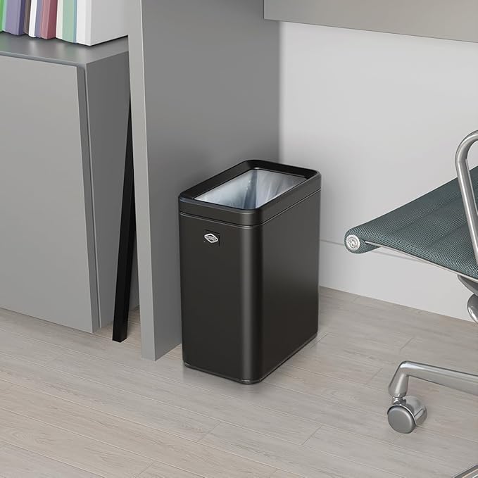 Clorox Slim Open Trash Can - 2.6 Gallon (10 Liter) Small Metal Waste Basket with Removable Bucket for Narrow Spaces - Stainless Steel Garbage Bin for Bathroom, Bedroom, or Office, Black