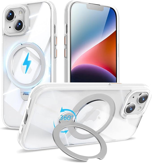 360° Spin Invisible Magnetic Stand for iPhone 14 Case [Military Grade Shockproof] [Compatible with MagSafe] Slim Translucent Matte Phone Case for iPhone 14 (6.1"), White