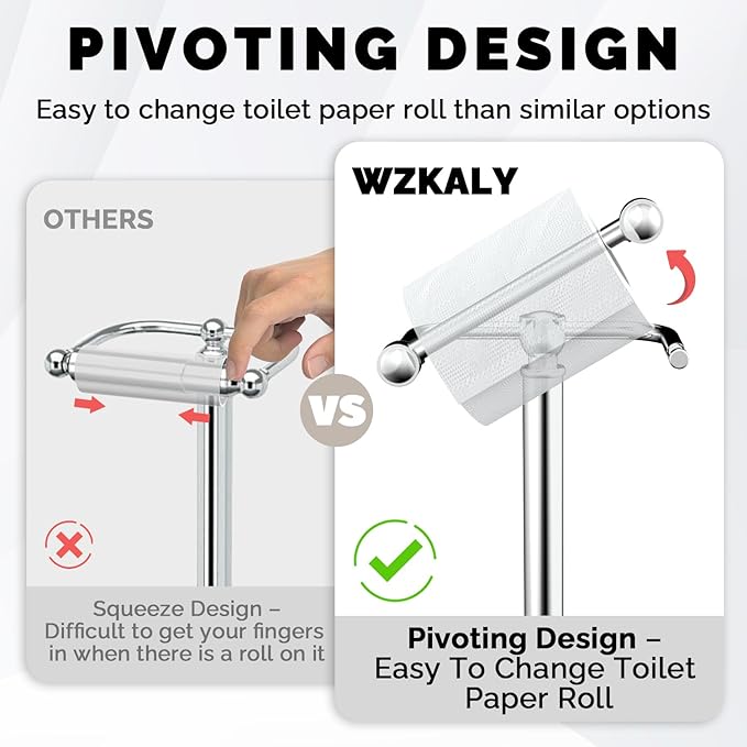 Toilet Paper Holder Stand, Polished Chrome Toilet Paper Holder Free Standing, Post Pivoting Design & Stable Weighted Base SUS304 Stainless Steel for Bathroom(Mega Roll)