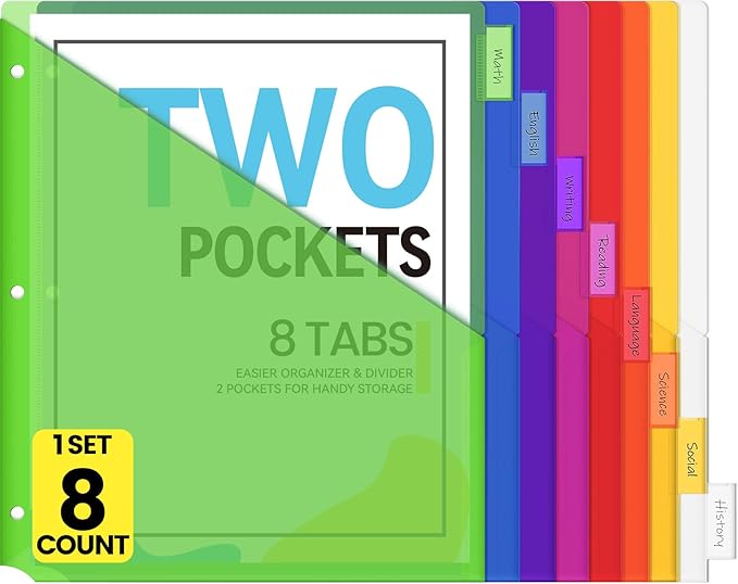 Sooez 8 Count Dividers with Pockets, 8 Tabs Binder Dividers for 3 Ring Binders, Binder Dividers with tabs, Binder Divider with Pockets for US Letter Size, Insertable Big Tabs, Multicolor, Set of 1