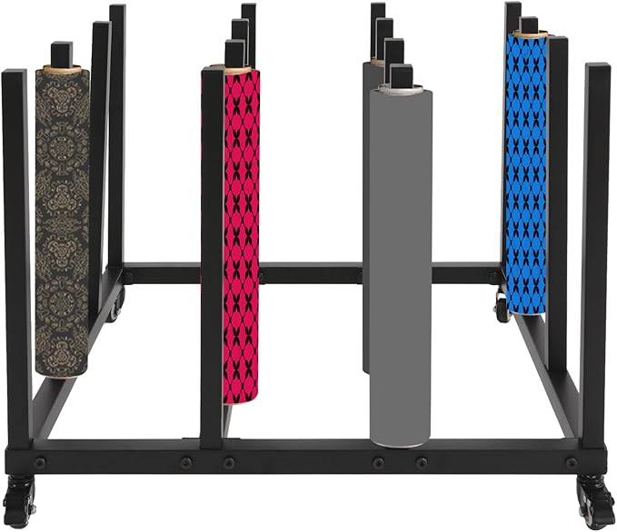 Vinyl Storage Rack | 16 Roll Heavy Duty Media R-oll Cart | Vinyl roll Holder Storage Rack | Round Core Mobile Storage Cart Rack | for Blueprint S-torage/Fabric Organization | Black